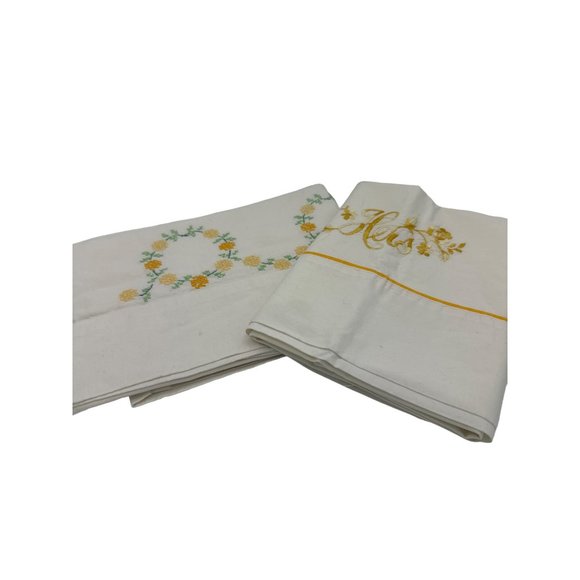 Vintage Yellow Embroidered Cross Stitch Pillow Cases Floral Circles "Hers" - Picture 1 of 6